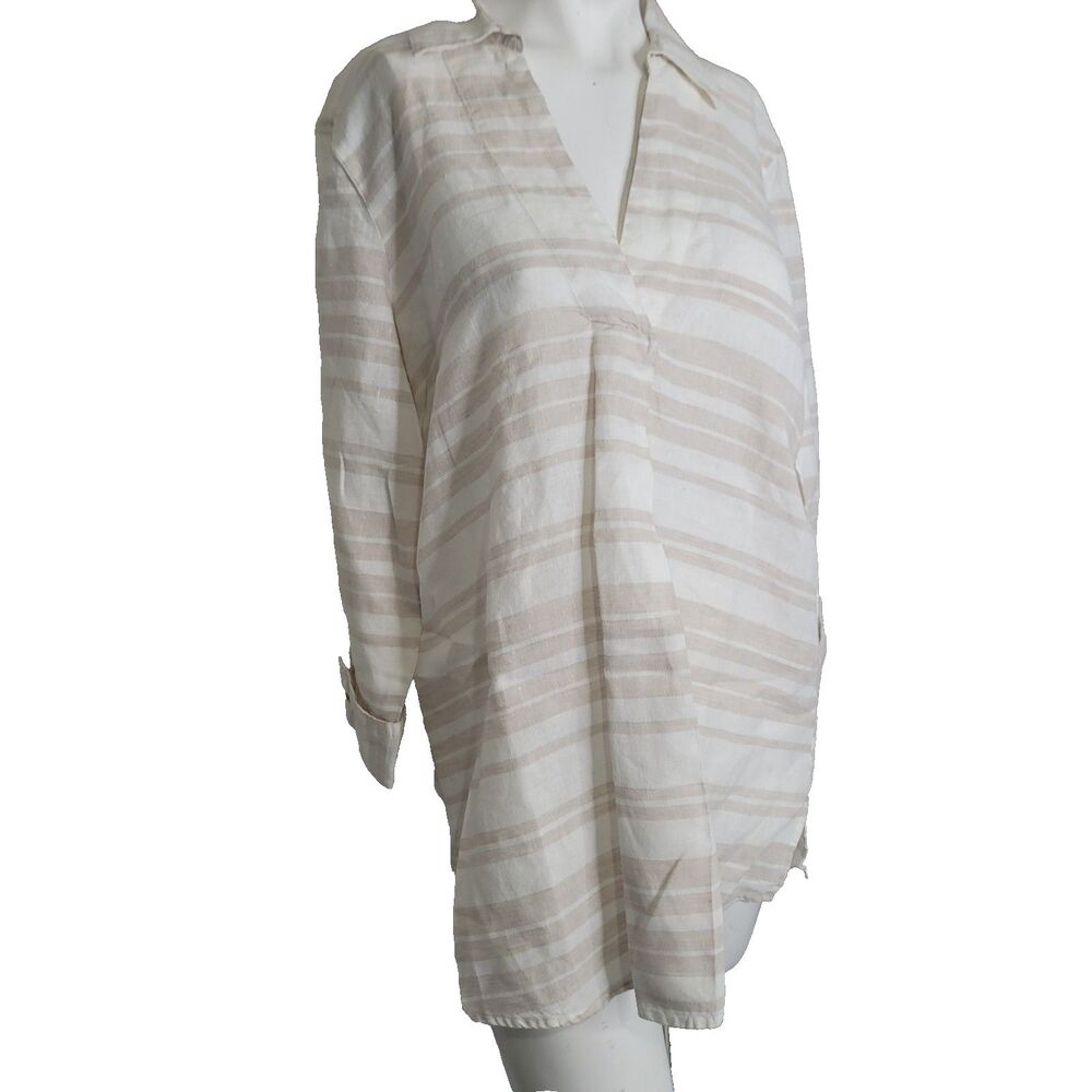 Ellen Tracy Medium tunic shirt top linen v-neck lightweight semi-sheer cuff